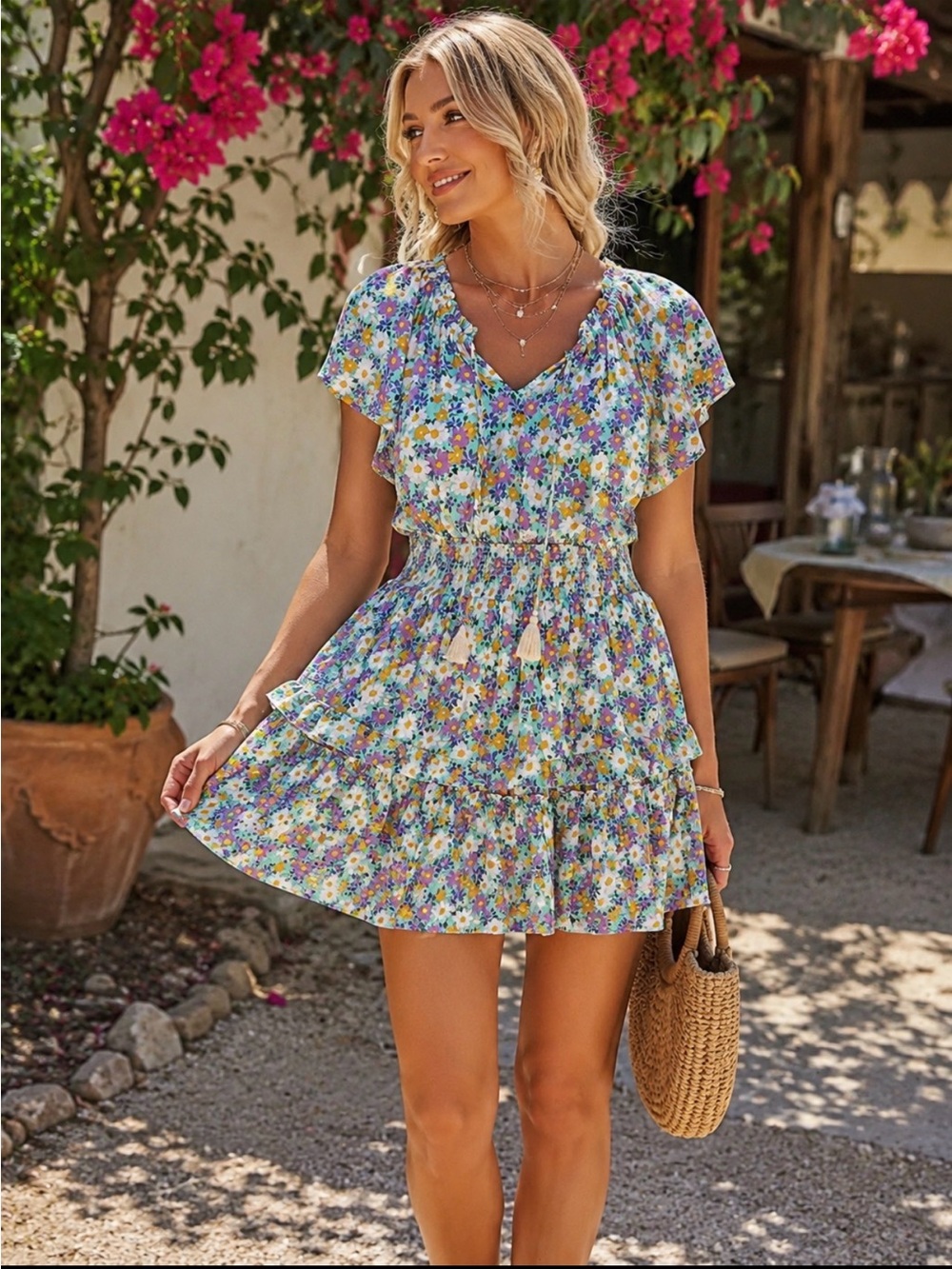 Patrons of Peace turquoise green Multi Floral Ruffle Mini Dress size large